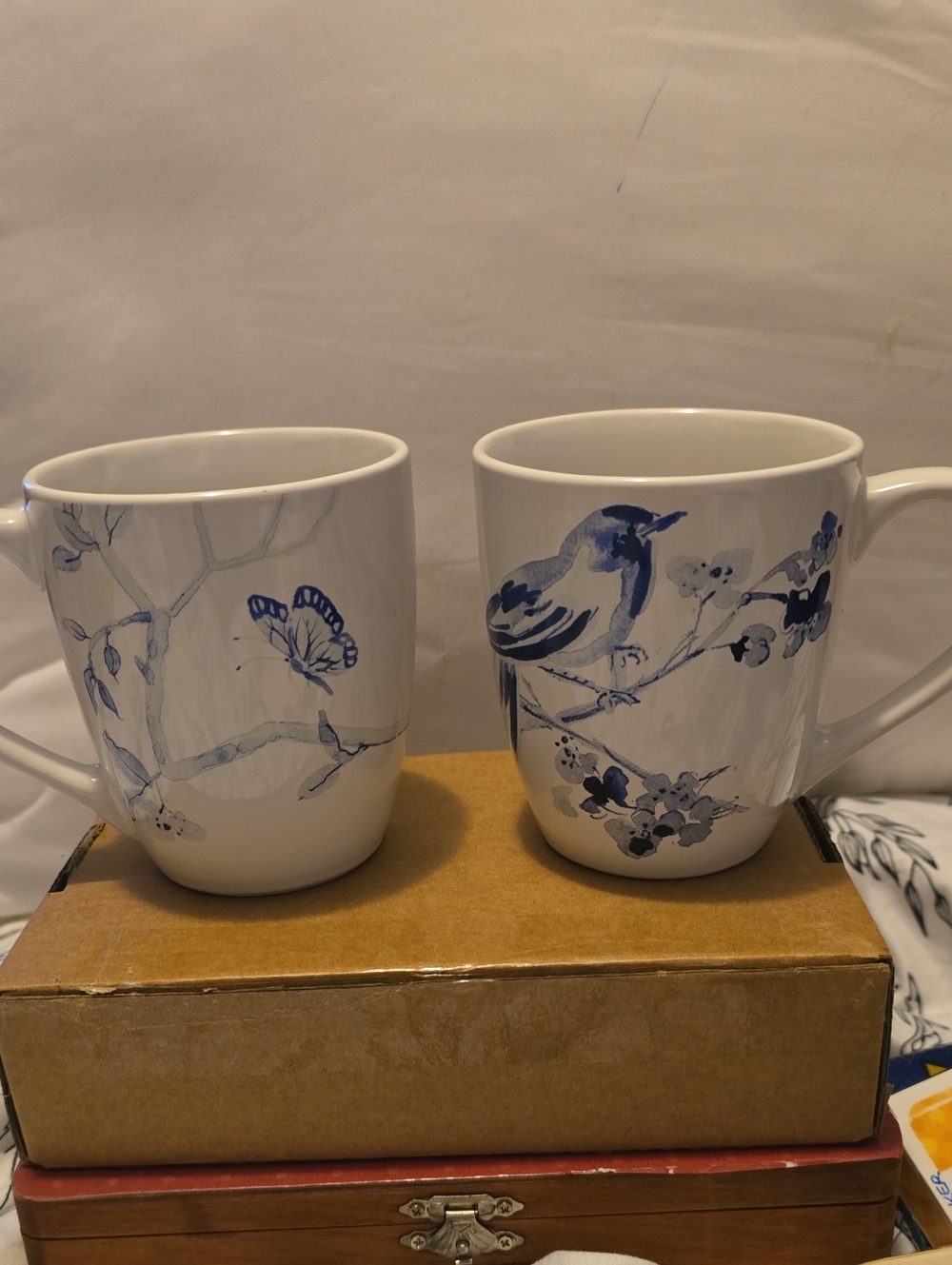 Paula Deen Indigo Blossom Blue Floral & Bird Porcelain Mug Set, Blue Accent